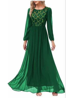 NEW Sequin Evening Long Sleeve Crewneck Floor Length Chiffon Formal Gown Dress M